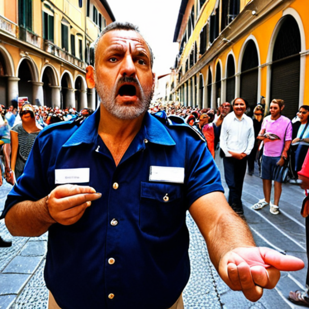 ** A crowded street scene in an Italian city. A tourist looks wary as a man with no official badge aggressively offers a "tour guide" service. Emphasis on the tourist's skepticism and the pushy demeanor of the fake guide. Think vibrant colors, maybe a historical landmark in the background.

**