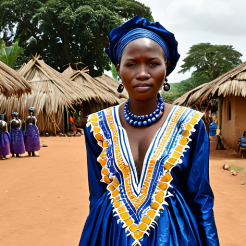 **Guinean Traditional Elegance:** A dignified Guinean woman, from the Peul or Malinké ethnic group, adorned in a stunning, high-sheen Bazin Riche gown with intricate, detailed embroidery. The setting is a vibrant, traditional village celebration, with other individuals in the background wearing indigo-dyed fabrics. Emphasize the luxurious texture, the vivid colors, and the symbolic patterns that tell cultural stories, capturing the grace and historical depth of Guinean textile traditions.