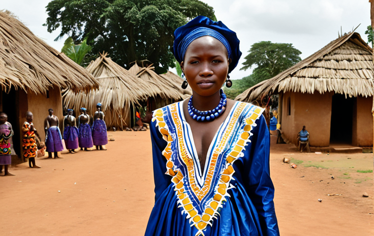 **Guinean Traditional Elegance:** A dignified Guinean woman, from the Peul or Malinké ethnic group, adorned in a stunning, high-sheen Bazin Riche gown with intricate, detailed embroidery. The setting is a vibrant, traditional village celebration, with other individuals in the background wearing indigo-dyed fabrics. Emphasize the luxurious texture, the vivid colors, and the symbolic patterns that tell cultural stories, capturing the grace and historical depth of Guinean textile traditions.