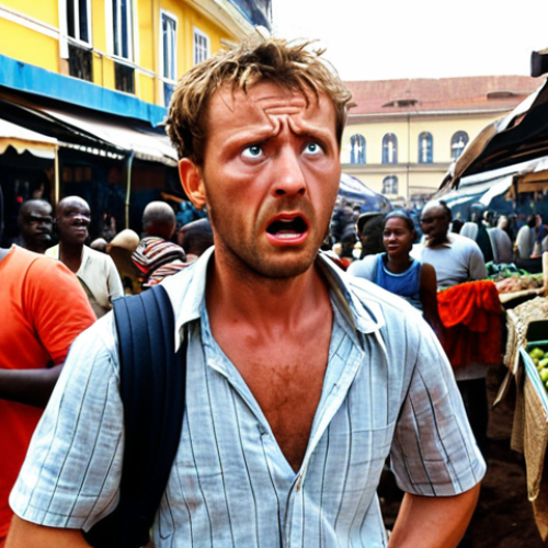 Photo-realistic, an emotional wide shot of a European traveler in a bustling, vibrant outdoor market (Conakry aesthetic). The traveler appears disoriented and in shock, looking around frantically, perhaps clutching an empty bag or looking at a missing item. The scene conveys immediate aftermath of a theft, showing vulnerability amidst a lively but potentially overwhelming environment.
