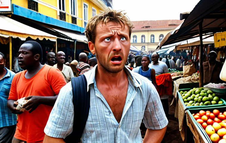 Photo-realistic, an emotional wide shot of a European traveler in a bustling, vibrant outdoor market (Conakry aesthetic). The traveler appears disoriented and in shock, looking around frantically, perhaps clutching an empty bag or looking at a missing item. The scene conveys immediate aftermath of a theft, showing vulnerability amidst a lively but potentially overwhelming environment.