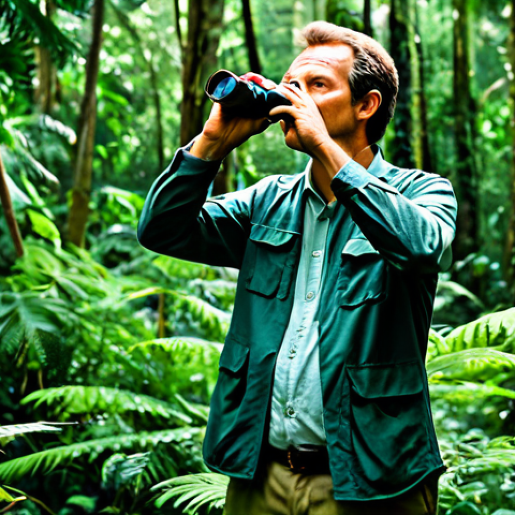 A focused professional birdwatcher, fully clothed in modest, practical outdoor attire including long-sleeved shirt and trousers, standing calmly amidst the dense, lush rainforest of Guinea. The environment is vibrant with ancient trees and a humid atmosphere, with filtered sunlight piercing through the canopy. The birdwatcher holds binoculars, looking upwards with an expression of serene concentration, observing rare forest birds. Perfect anatomy, correct proportions, natural pose, well-formed hands, proper finger count, natural body proportions. Professional photography, high quality, safe for work, appropriate content, family-friendly.