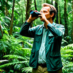 A focused professional birdwatcher, fully clothed in modest, practical outdoor attire including long-sleeved shirt and trousers, standing calmly amidst the dense, lush rainforest of Guinea. The environment is vibrant with ancient trees and a humid atmosphere, with filtered sunlight piercing through the canopy. The birdwatcher holds binoculars, looking upwards with an expression of serene concentration, observing rare forest birds. Perfect anatomy, correct proportions, natural pose, well-formed hands, proper finger count, natural body proportions. Professional photography, high quality, safe for work, appropriate content, family-friendly.