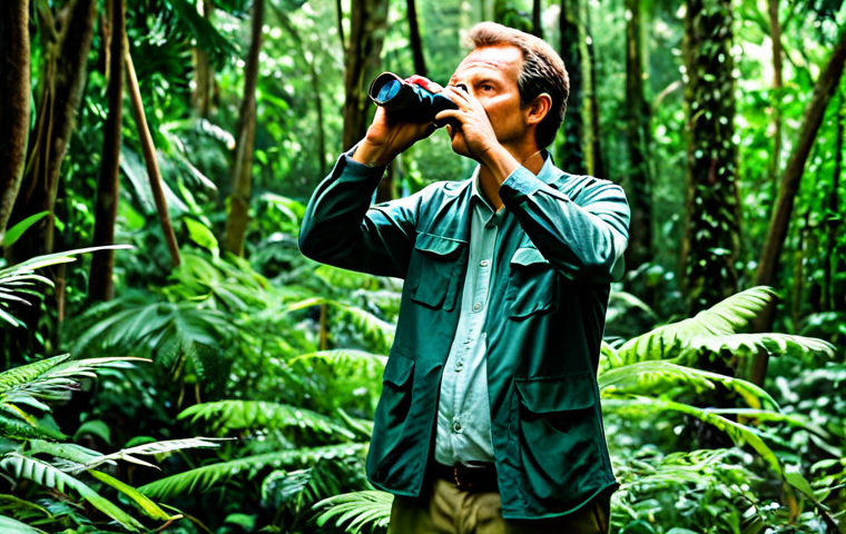 A focused professional birdwatcher, fully clothed in modest, practical outdoor attire including long-sleeved shirt and trousers, standing calmly amidst the dense, lush rainforest of Guinea. The environment is vibrant with ancient trees and a humid atmosphere, with filtered sunlight piercing through the canopy. The birdwatcher holds binoculars, looking upwards with an expression of serene concentration, observing rare forest birds. Perfect anatomy, correct proportions, natural pose, well-formed hands, proper finger count, natural body proportions. Professional photography, high quality, safe for work, appropriate content, family-friendly.