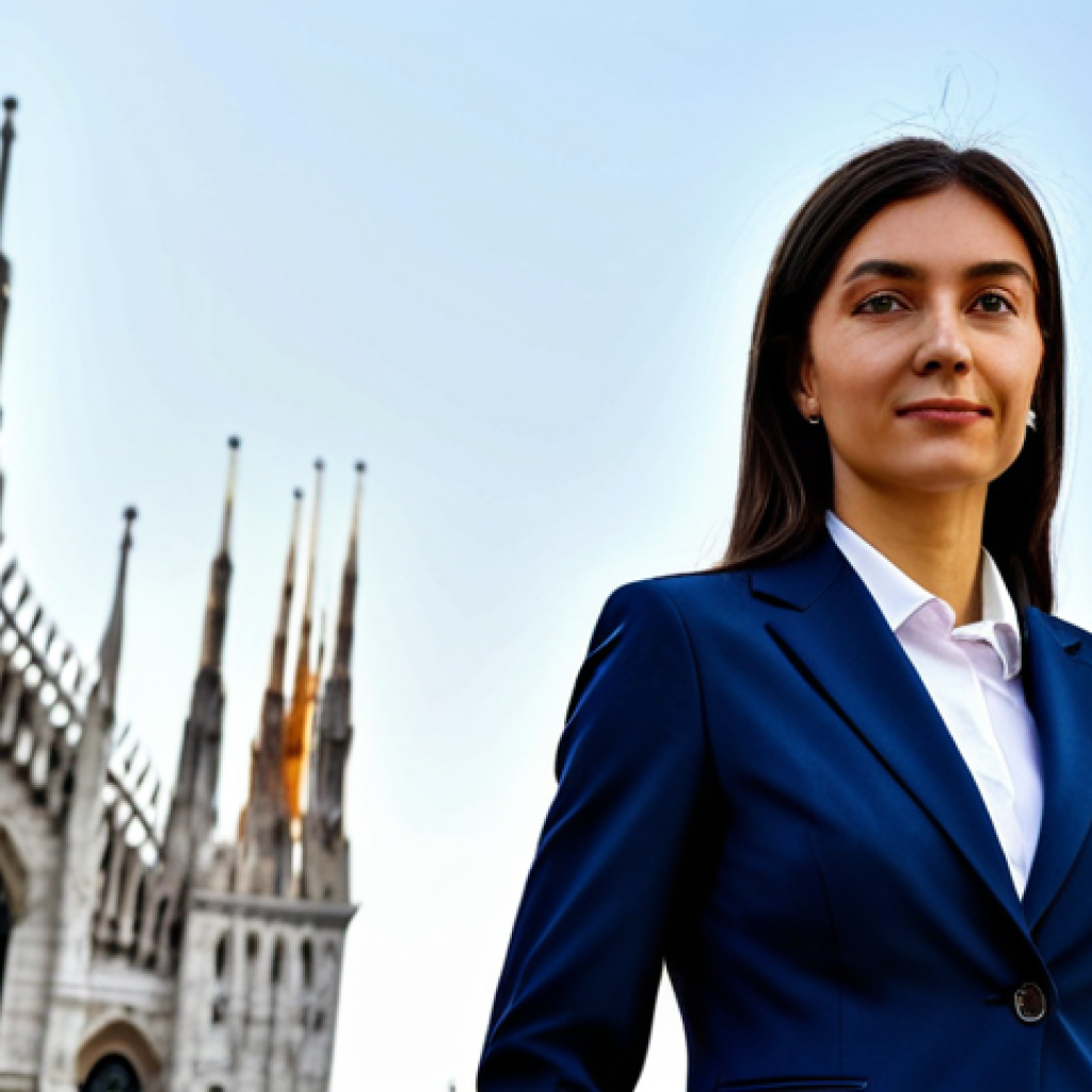 Businesswoman in Milan**

"A professional businesswoman in a modest, dark blue business suit, standing in front of the Duomo in Milan, Italy. Fully clothed, appropriate attire, safe for work, perfect anatomy, natural proportions, professional photography, high quality, family-friendly, daytime."

**
