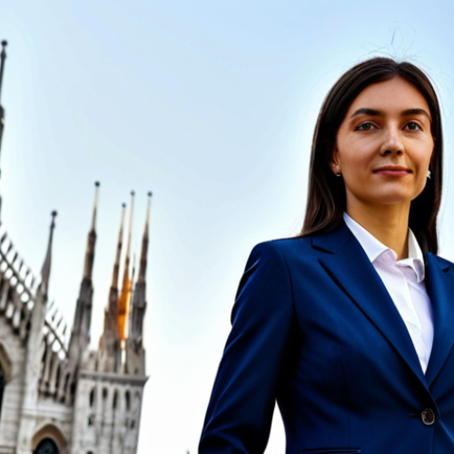Businesswoman in Milan**

"A professional businesswoman in a modest, dark blue business suit, standing in front of the Duomo in Milan, Italy. Fully clothed, appropriate attire, safe for work, perfect anatomy, natural proportions, professional photography, high quality, family-friendly, daytime."

**