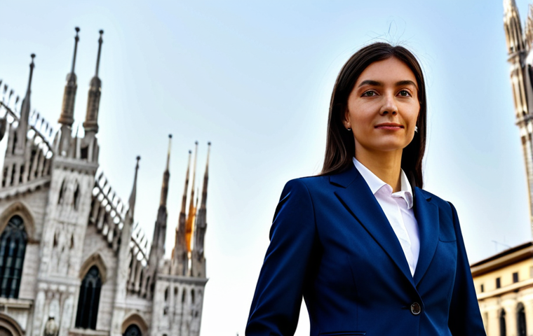 Businesswoman in Milan**

"A professional businesswoman in a modest, dark blue business suit, standing in front of the Duomo in Milan, Italy. Fully clothed, appropriate attire, safe for work, perfect anatomy, natural proportions, professional photography, high quality, family-friendly, daytime."

**