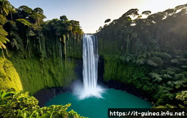 기니에서 가장 아름다운 자연경관 - Photorealistic sunrise view of a dramatic waterfall in Guinea’s Fouta Djallon highlands, clear water...