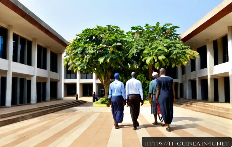 기니의 법체계와 사법제도 개요 - Photorealistic wide-angle exterior of a modern courthouse in Conakry, Guinea, with West African citi...